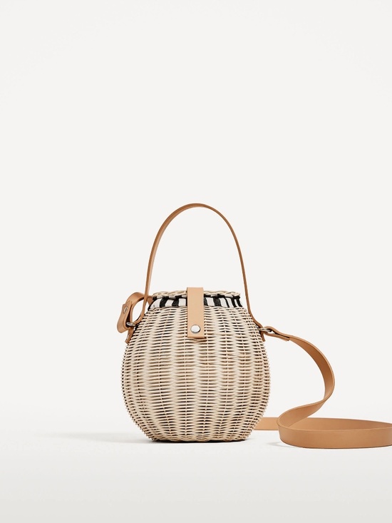Zara Handbags - ZARA Woven Rattan Bucket Bag | Straw Crossbody Basket Bag with Stripe Lining